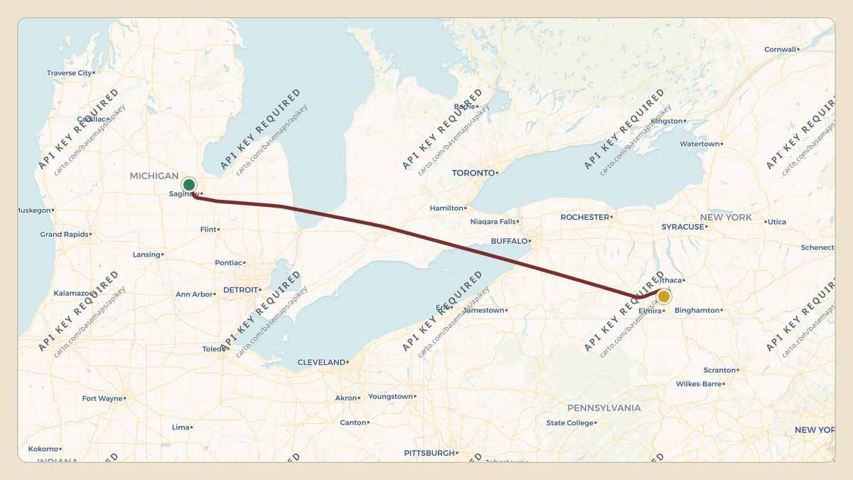 Flight path for Corning's N28CG from KMBS — MBS International Airport to KELM — Elmira Corning Regional Airport