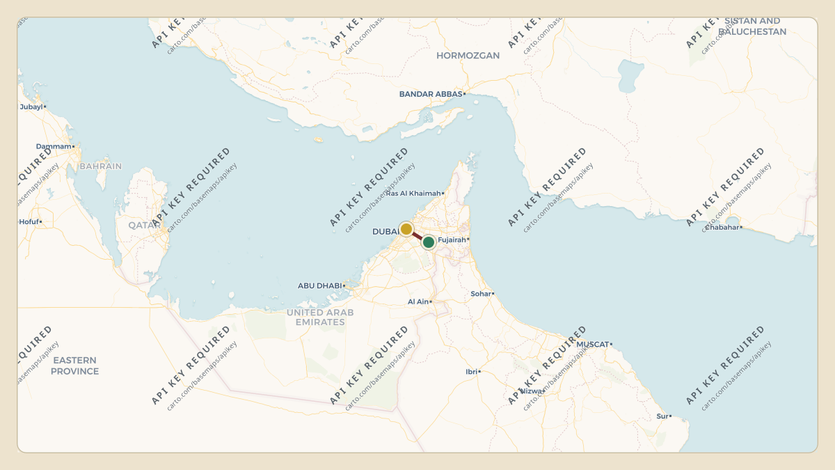 Flight path for Sheikh Mohammed bin Rashid Al Maktoum's A6-MMM from OMDM — Al Minhad Air Base to OMDB — Dubai International Airport