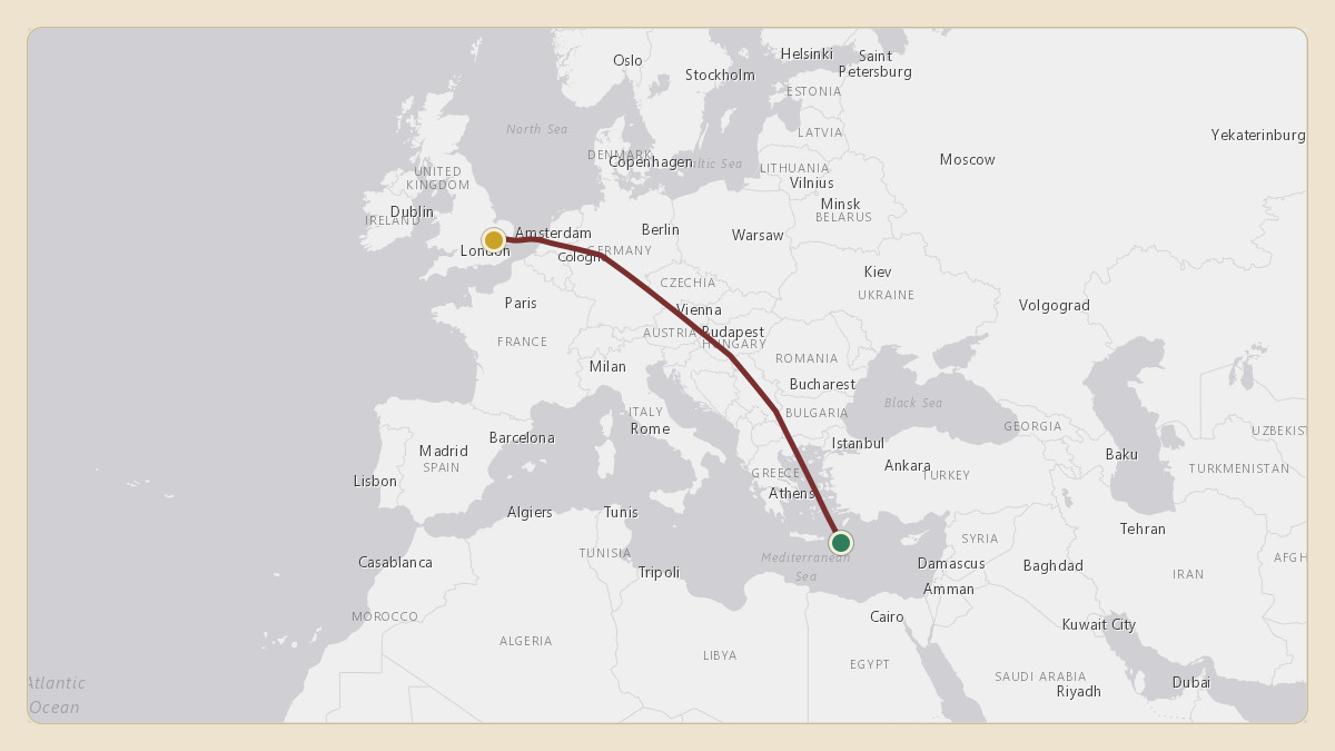 Flight path for Dubai Royal Wing — Sheikh Mohammed bin Rashid's A6-HRM from 34.70°, 27.72° to EGSS — London Stansted Airport