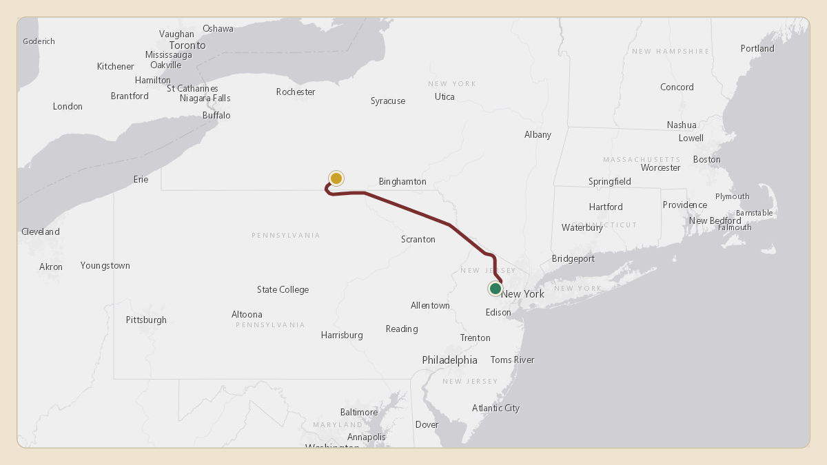 Flight path for Corning's N28CG from KEWR — Newark Liberty International Airport to KELM — Elmira Corning Regional Airport