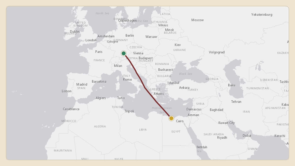 Flight path for Sheikh Mohammed bin Rashid Al Maktoum's A6-GGP from EDMO — Oberpfaffenhofen Airport to HEAL — El Alamein International Airport