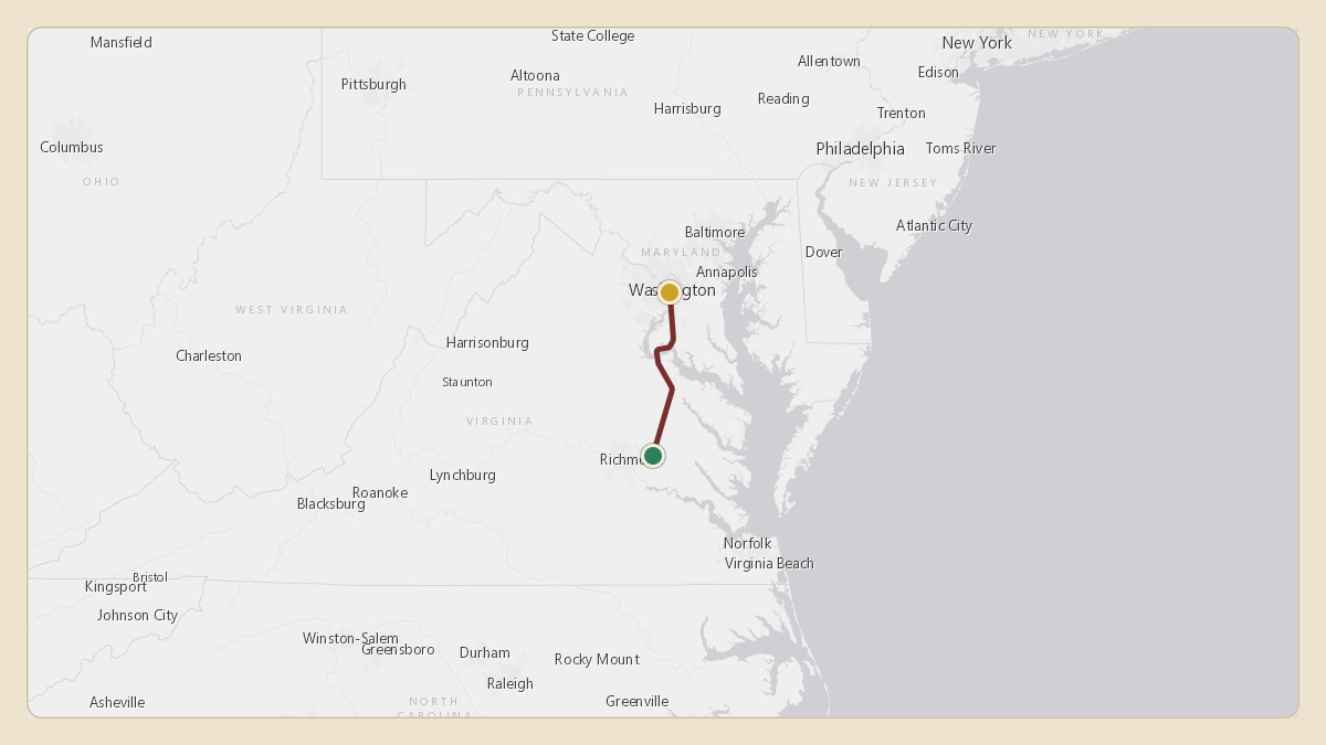 Flight path for Glenn Youngkin's N1VA from KRIC — Richmond International Airport to KDCA — Ronald Reagan Washington National Airport