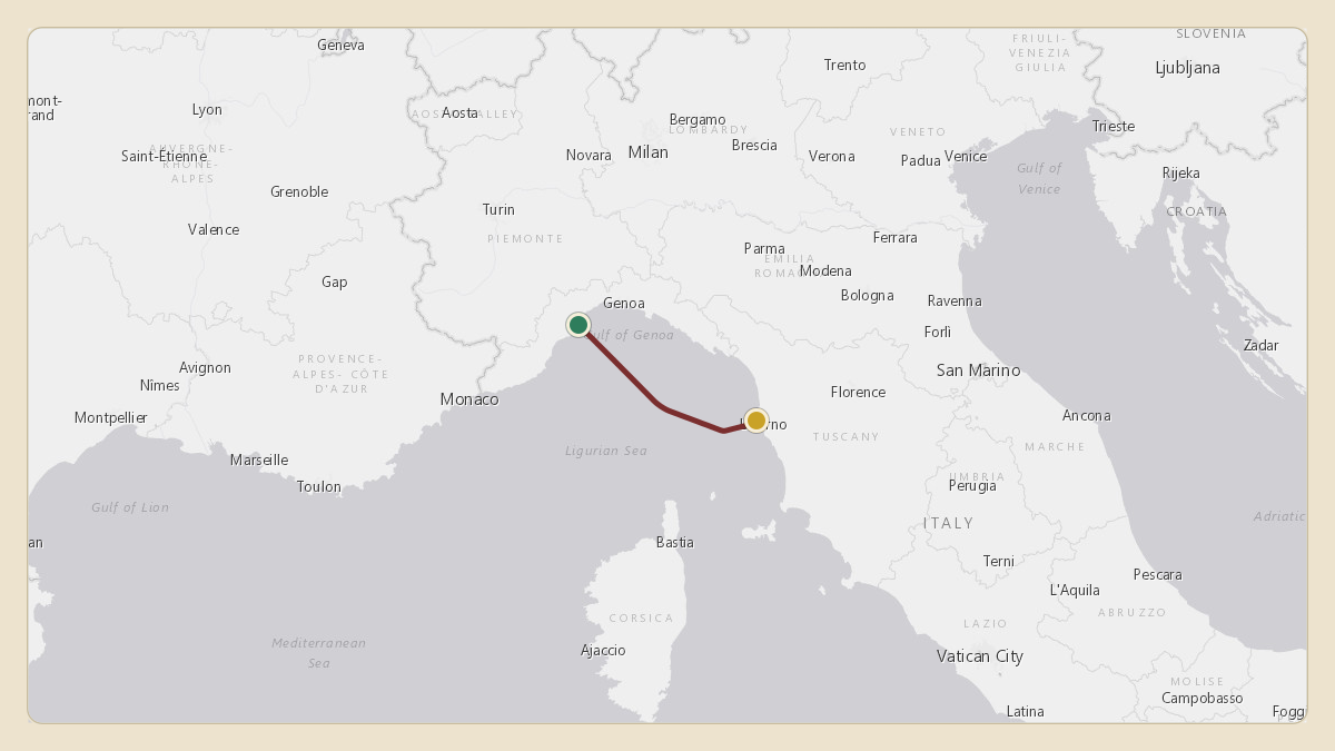 Flight path for Novartis's HB-JFQ from LIMJ — Genoa Cristoforo Colombo Airport to LIRP — Pisa International Airport