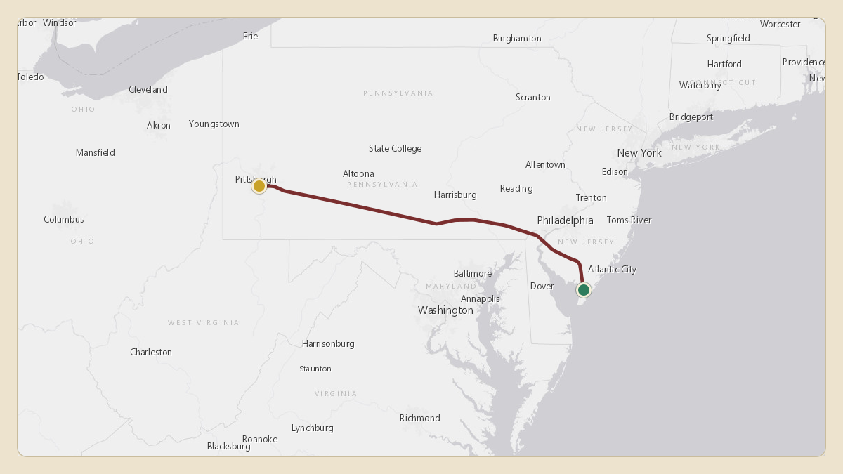 Flight path for PNC Financial's N513DL from KMIV — Millville Municipal Airport to KAGC — Allegheny County Airport
