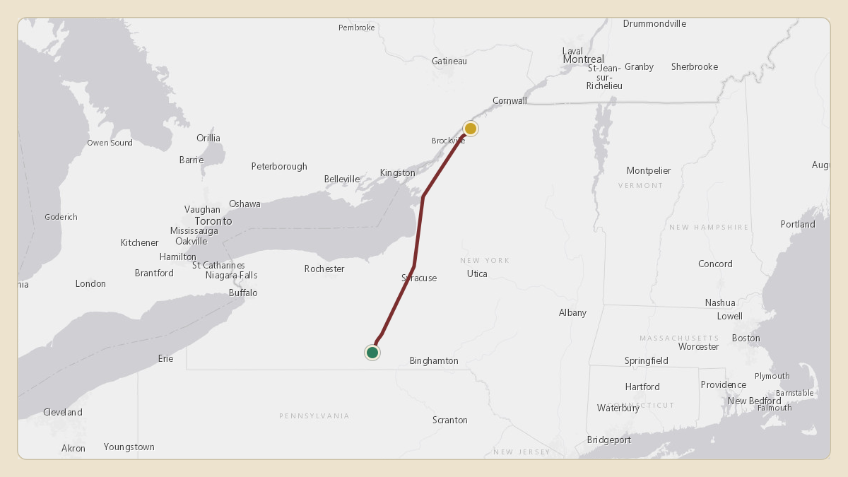 Flight path for Corning's N28CG from KELM — Elmira Corning Regional Airport to KOGS — Ogdensburg International Airport