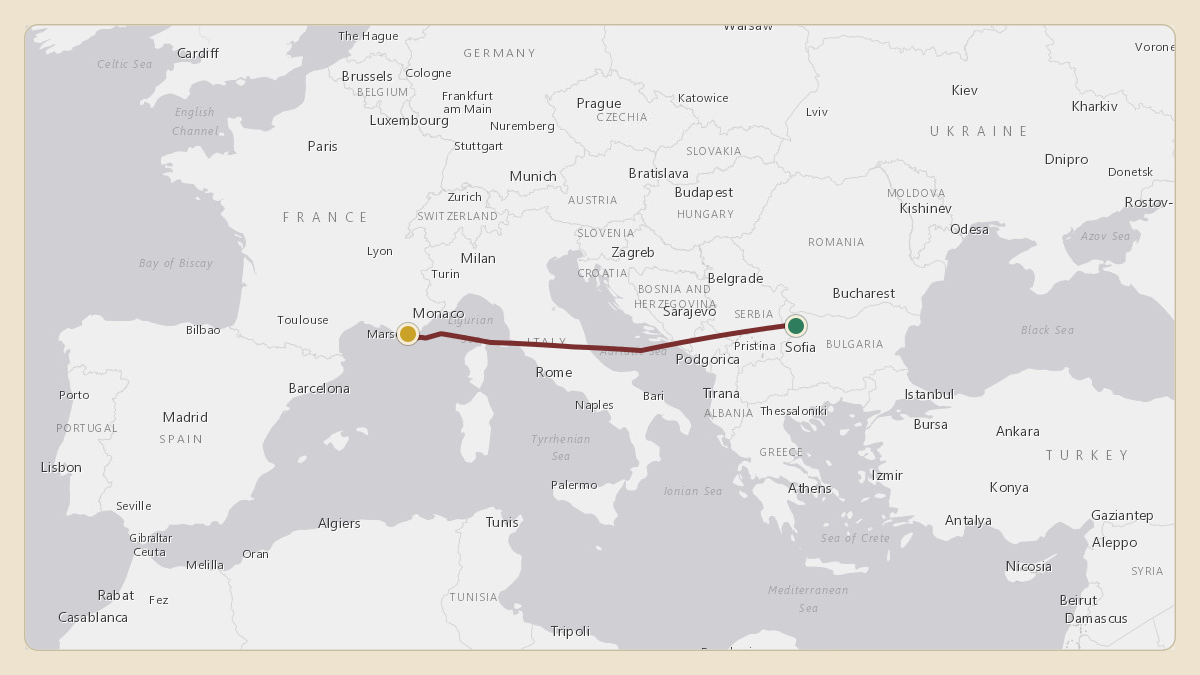 Flight path for Rodolphe Saade's OE-LYS from LBMO — Montana Airfield to LFTH — Toulon-Hyères Airport