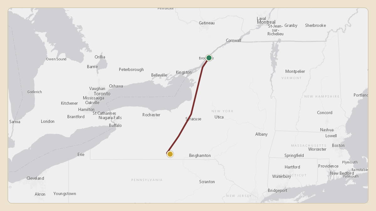 Flight path for Corning's N28CG from KOGS — Ogdensburg International Airport to KELM — Elmira Corning Regional Airport