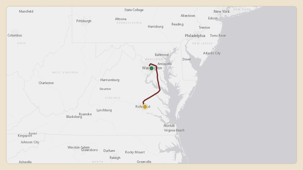 Flight path for Glenn Youngkin's N1VA from KDCA — Ronald Reagan Washington National Airport to KRIC — Richmond International Airport