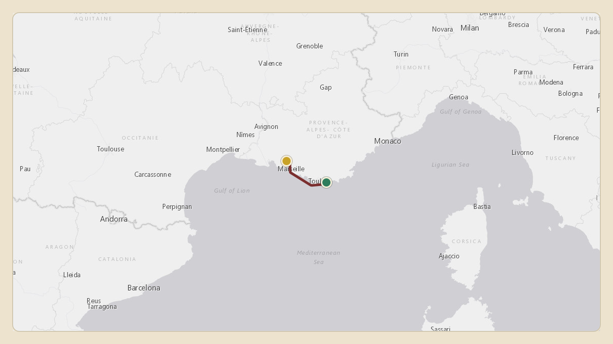 Flight path for Rodolphe Saade's OE-LYS from LFTH — Toulon-Hyères Airport to LFML — Marseille Provence Airport