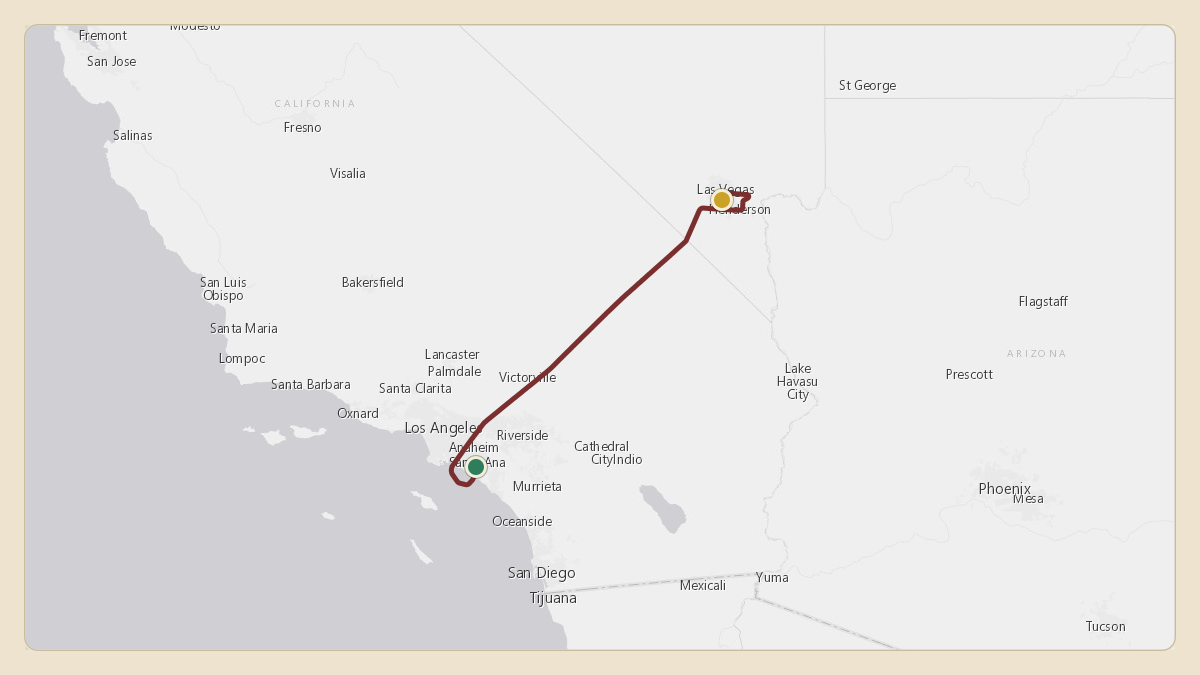 Flight path for MGM Resorts's N781MM from KSLI — Los Alamitos Army Air Field to KLAS — Harry Reid International Airport