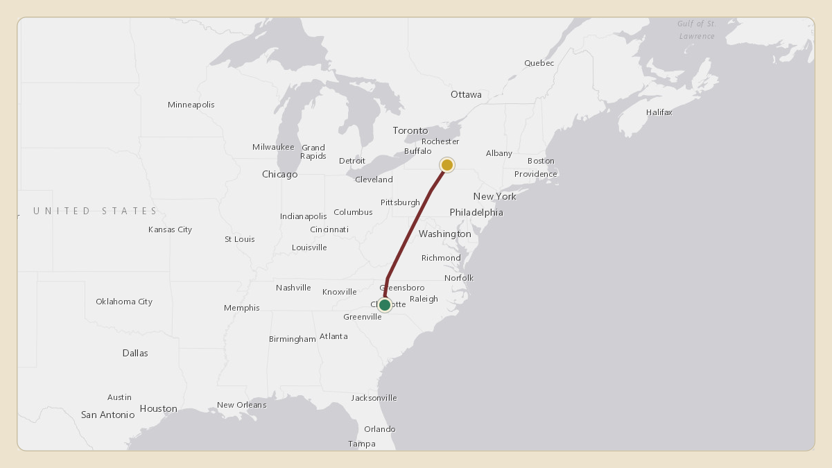 Flight path for Corning's N28CG from KCLT — Charlotte Douglas International Airport to KELM — Elmira Corning Regional Airport
