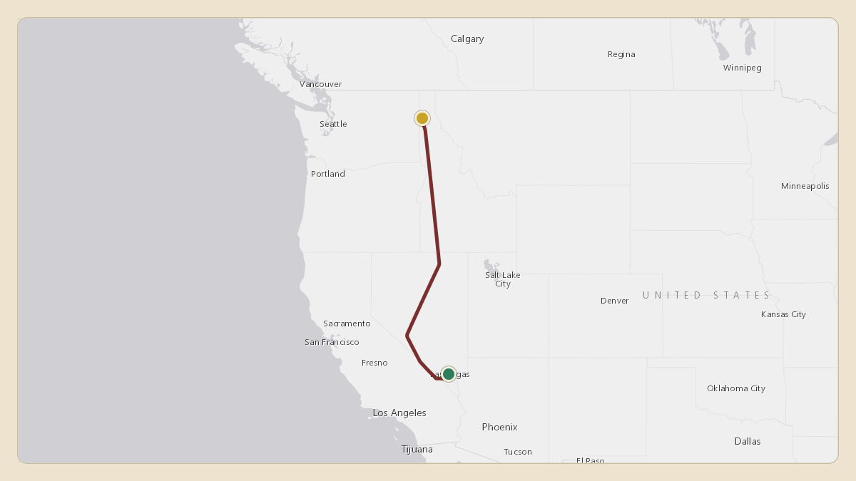 Flight path for MGM Resorts's N781MM from KLAS — Harry Reid International Airport to KCOE — Coeur D'Alene Airport - Pappy Boyington Field