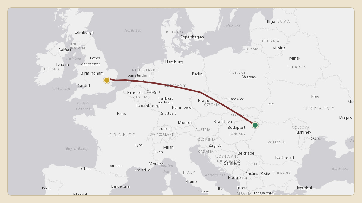 Flight path for Sheikh Mohamed bin Zayed Al Nahyan's A6-ALN from LHDC — Debrecen International Airport to EGSS — London Stansted Airport