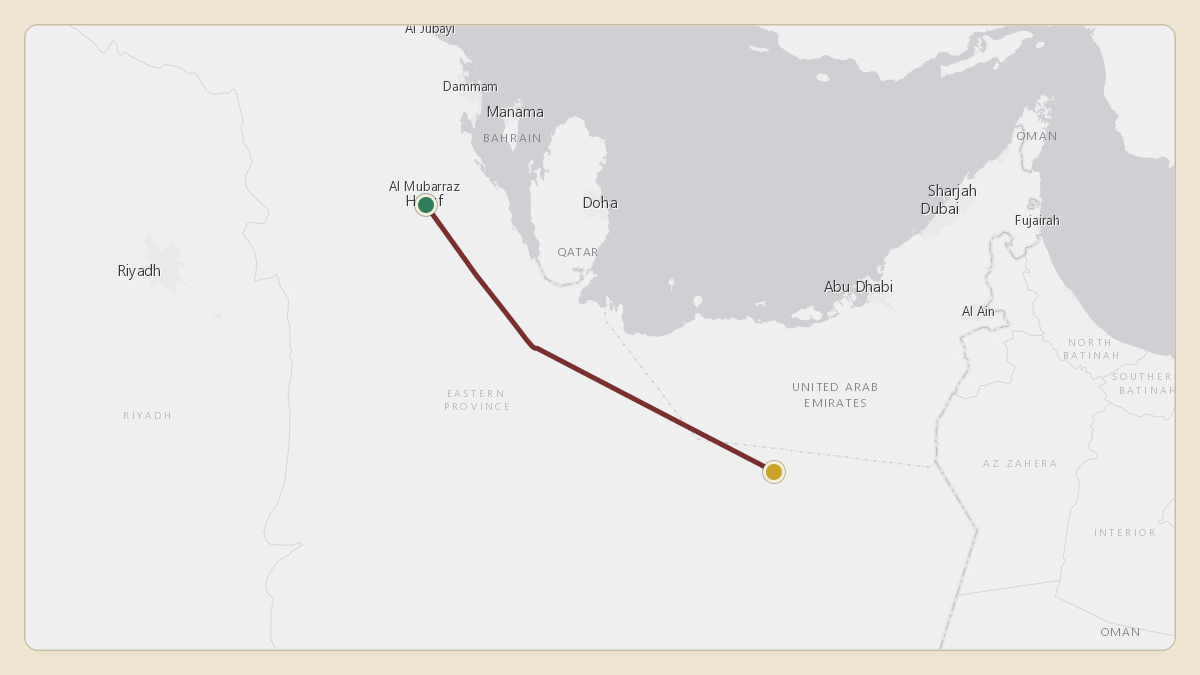 Flight path for Saudi Aramco's N801XA from OEAH — Al-Ahsa International Airport to 22.58°, 53.46°