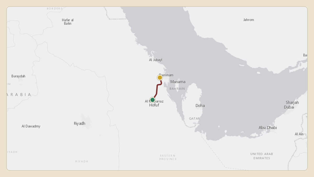 Flight path for Saudi Aramco's N801XA from OEAH — Al-Ahsa International Airport to OEDF — King Fahd International Airport
