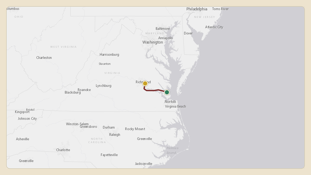 Flight path for Glenn Youngkin's N1VA from KLFI — Langley Air Force Base to KRIC — Richmond International Airport