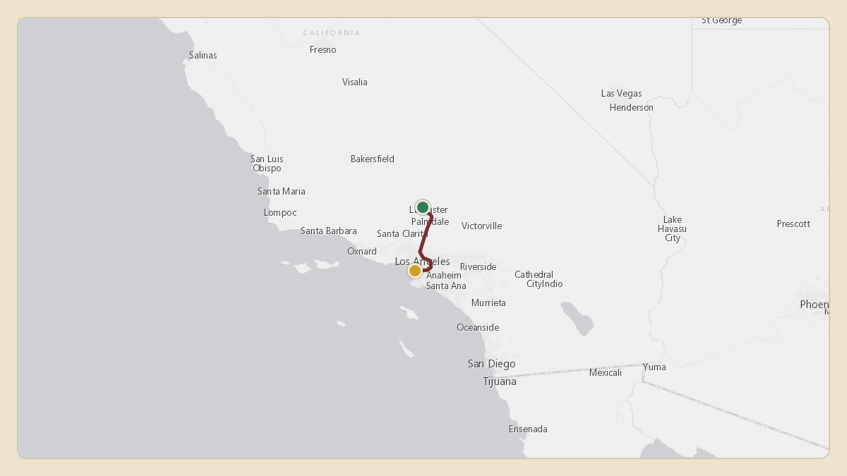 Flight path for Elon Musk's N272BG from KWJF — General William J Fox Airfield to KLAX — Los Angeles International Airport