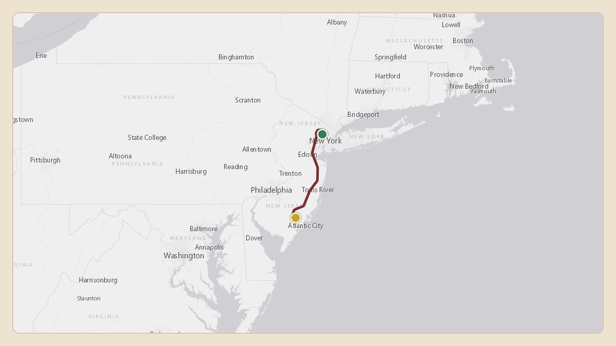 Flight path for MGM Resorts's N781MM from KTEB — Teterboro Airport to KACY — Atlantic City International Airport