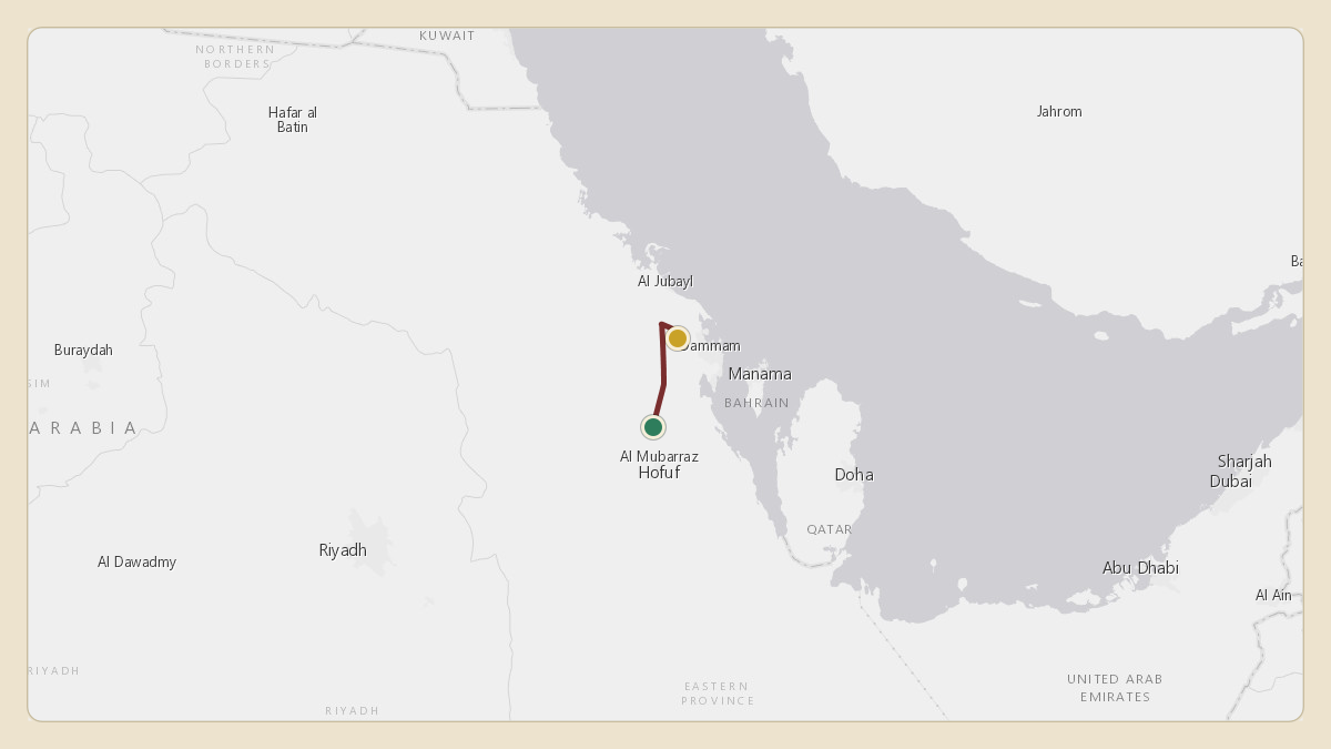 Flight path for Saudi Aramco's N801XA from OEAH — Al-Ahsa International Airport to OEDF — King Fahd International Airport