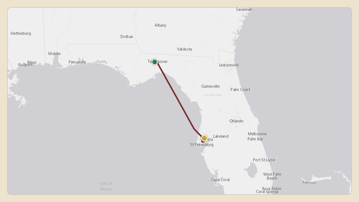 Flight path for Bob Basham's N828ML from KTLH — Tallahassee International Airport to KTPA — Tampa International Airport