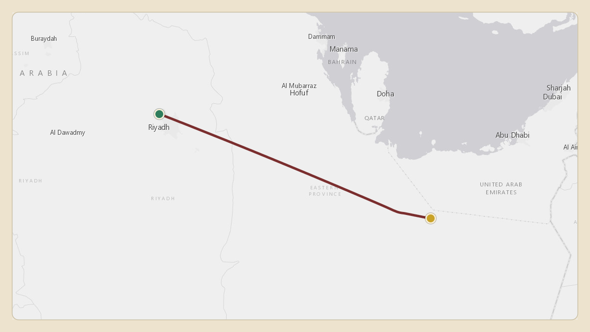 Flight path for Saudi Aramco's N801XA from OE53 — King Abdul Aziz Military Academy Airport to OEDF — King Fahd International Airport