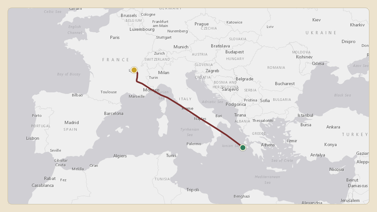 Flight path for Sheikh Mohammed bin Rashid Al Maktoum's A6-GGP from LGZA — Zakynthos International Airport Dionysios Solomos to LFLL — Lyon Saint-Exupéry Airport