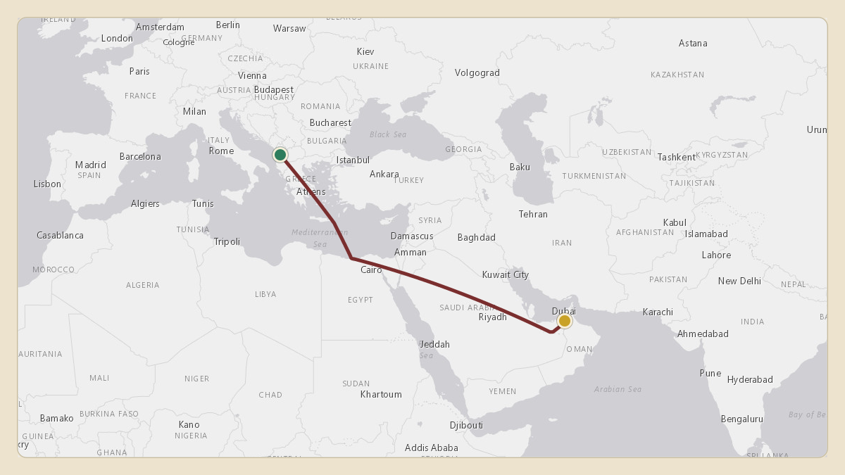 Flight path for Sheikh Mohamed bin Zayed Al Nahyan's A6-ALN from LATI — Tirana International Airport Mother Teresa to OMAL — Al Ain International Airport