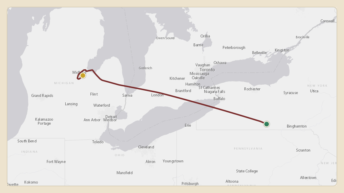 Flight path for Corning's N28CG from KELM — Elmira Corning Regional Airport to KMBS — MBS International Airport