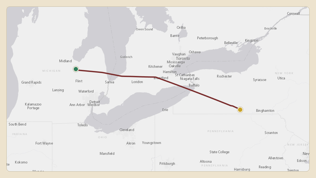 Flight path for Corning's N28CG from KMBS — MBS International Airport to KELM — Elmira Corning Regional Airport