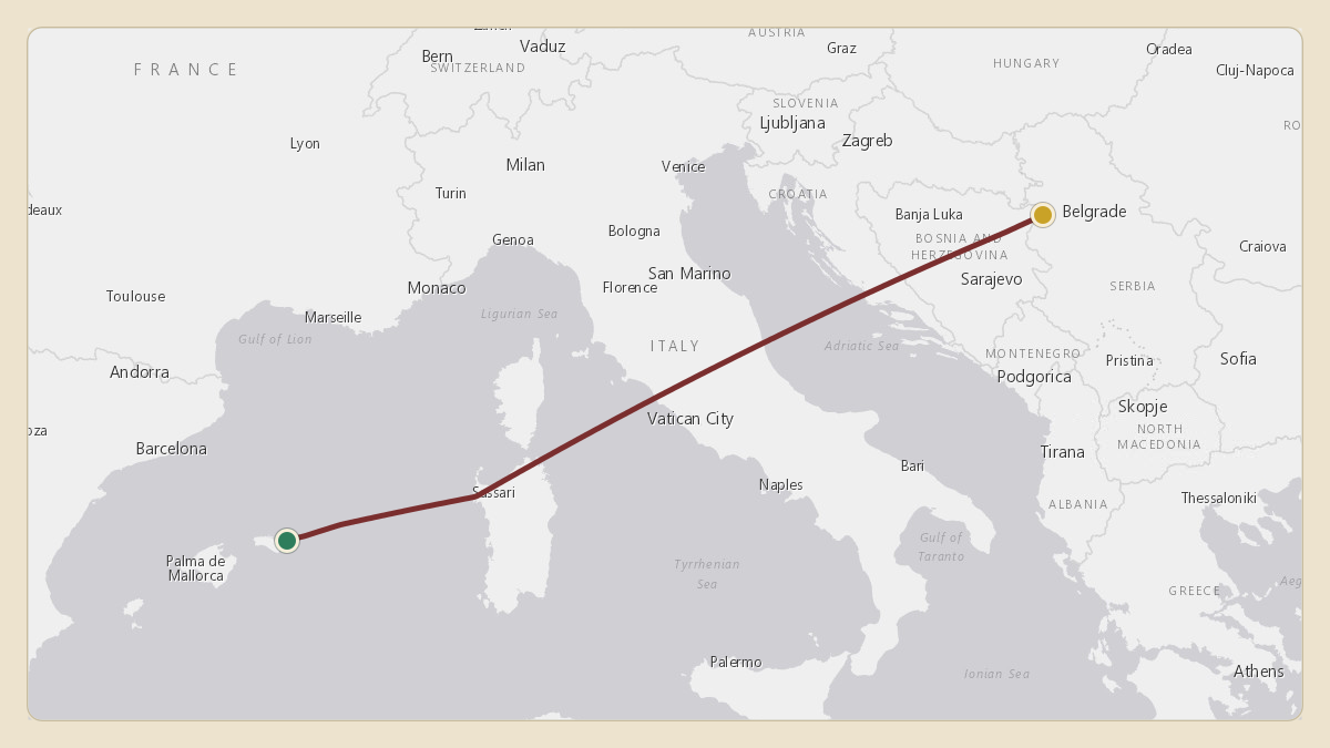 Flight path for EMS's PR-GVI from LEMH — Menorca Airport to LQPP — Sport Airfield Popovi