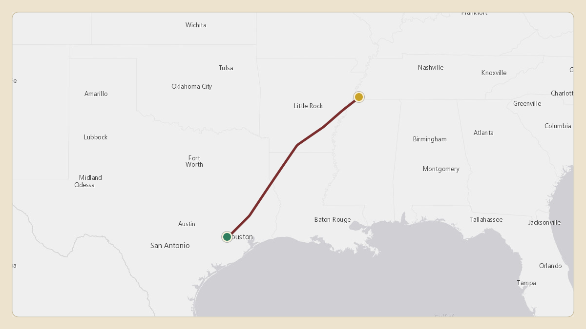 Flight path for Elon Musk's N628TS from KTME — Houston Executive Airport to KMEM — Memphis International Airport