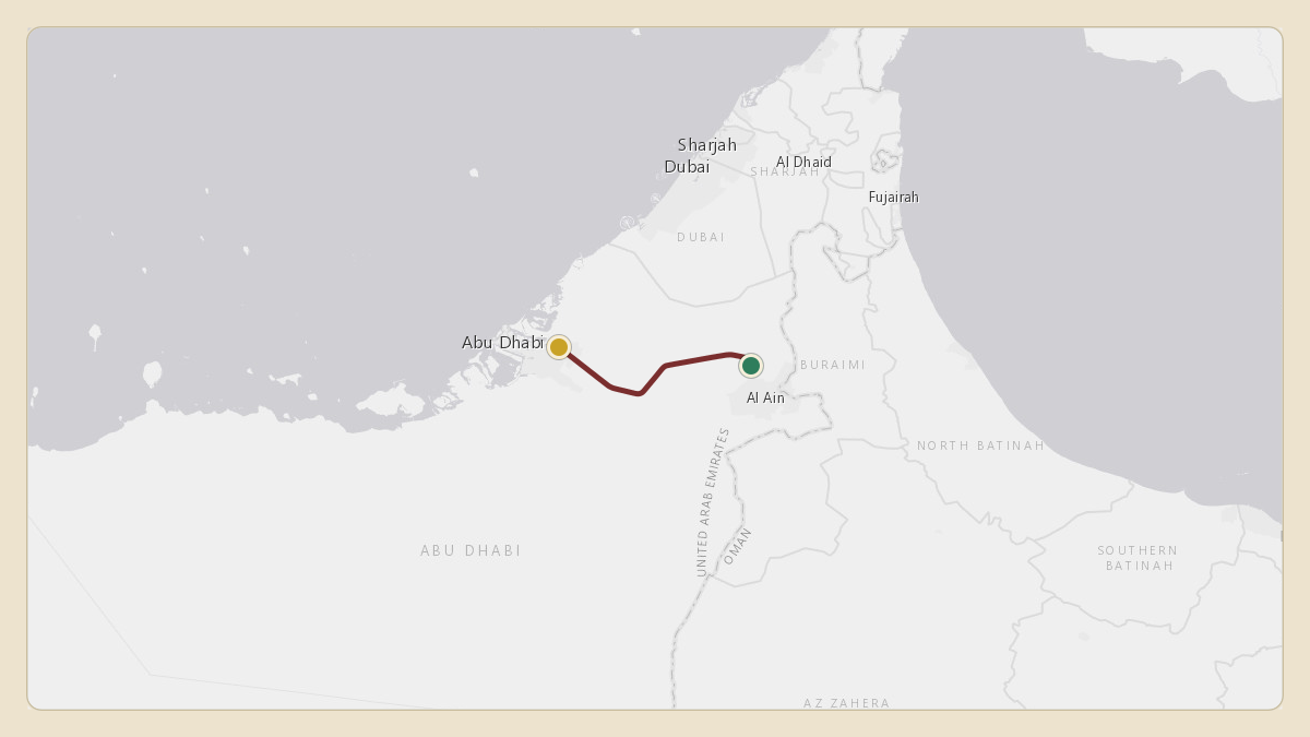 Flight path for Sheikh Mohamed bin Zayed Al Nahyan's A6-ALN from OMAL — Al Ain International Airport to OMAA — Zayed International Airport