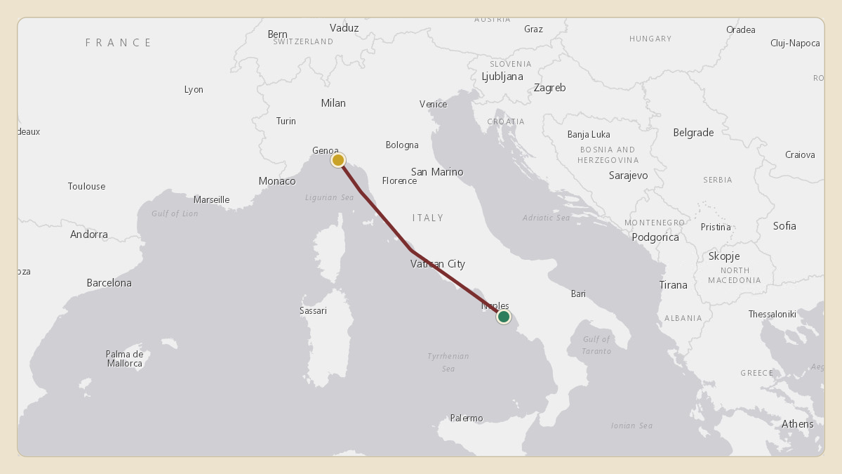 Flight path for Len Blavatnik's N761LE from LIRI — Salerno Costa d'Amalfi Airport to 44.16°, 9.37°