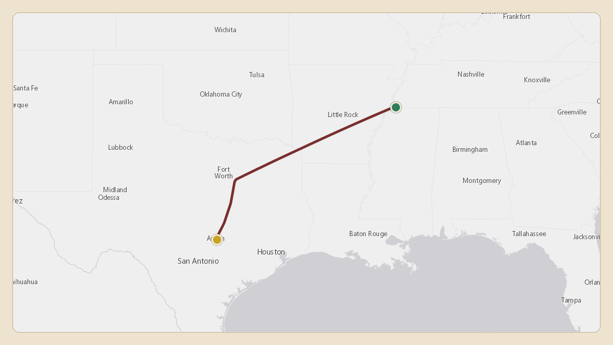 Flight path for Elon Musk's N628TS from KMEM — Memphis International Airport to KAUS — Austin Bergstrom International Airport