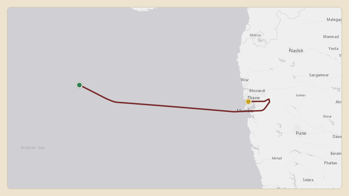 Flight path for Kumar Mangalam Birla's VT-BRS from 19.38°, 69.70° to VABB — Chhatrapati Shivaji Maharaj International Airport