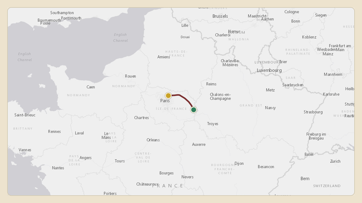 Flight path for Rodolphe Saade's OE-LYS from 48.43°, 3.54° to LFPB — Paris-Le Bourget International Airport