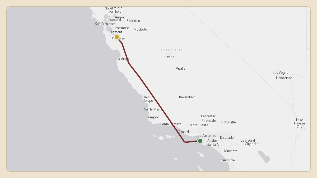 Flight path for Elon Musk's N628TS from KLGB — Long Beach International Airport to KSJC — Norman Y. Mineta San Jose International Airport