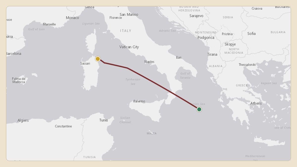Flight path for Sheikh Mohamed bin Zayed Al Nahyan's A6-ALN from 37.54°, 18.71° to LIEO — Olbia Costa Smeralda Airport