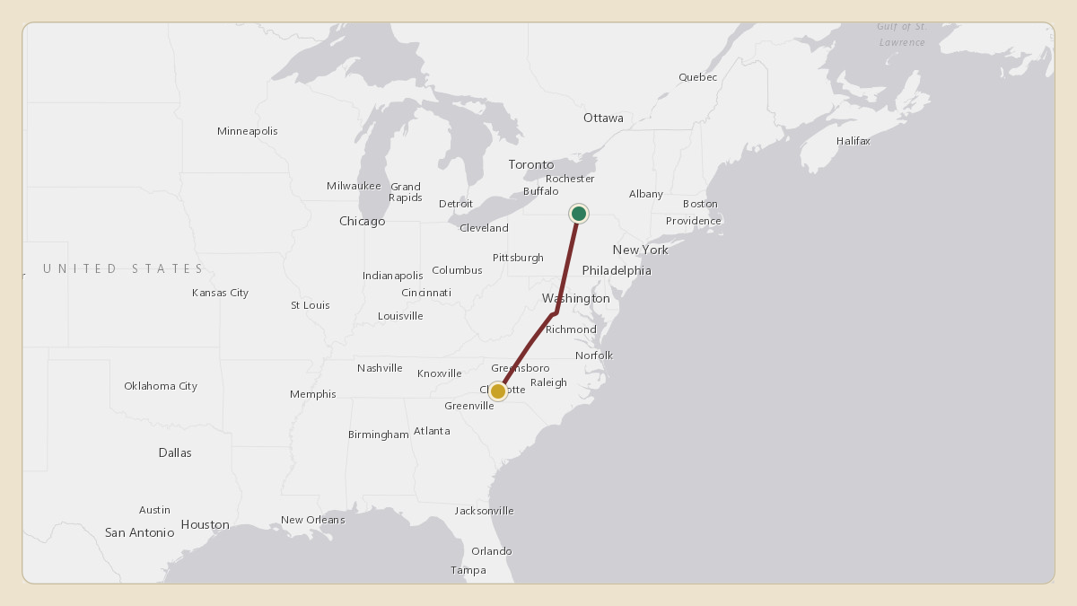 Flight path for Corning's N28CG from KELM — Elmira Corning Regional Airport to KCLT — Charlotte Douglas International Airport