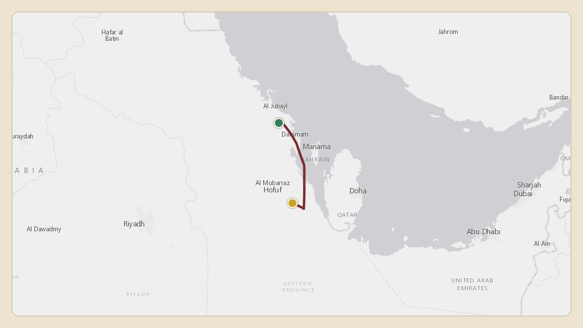 Flight path for Saudi Aramco's N801XA from OEDF — King Fahd International Airport to 25.04°, 50.05°