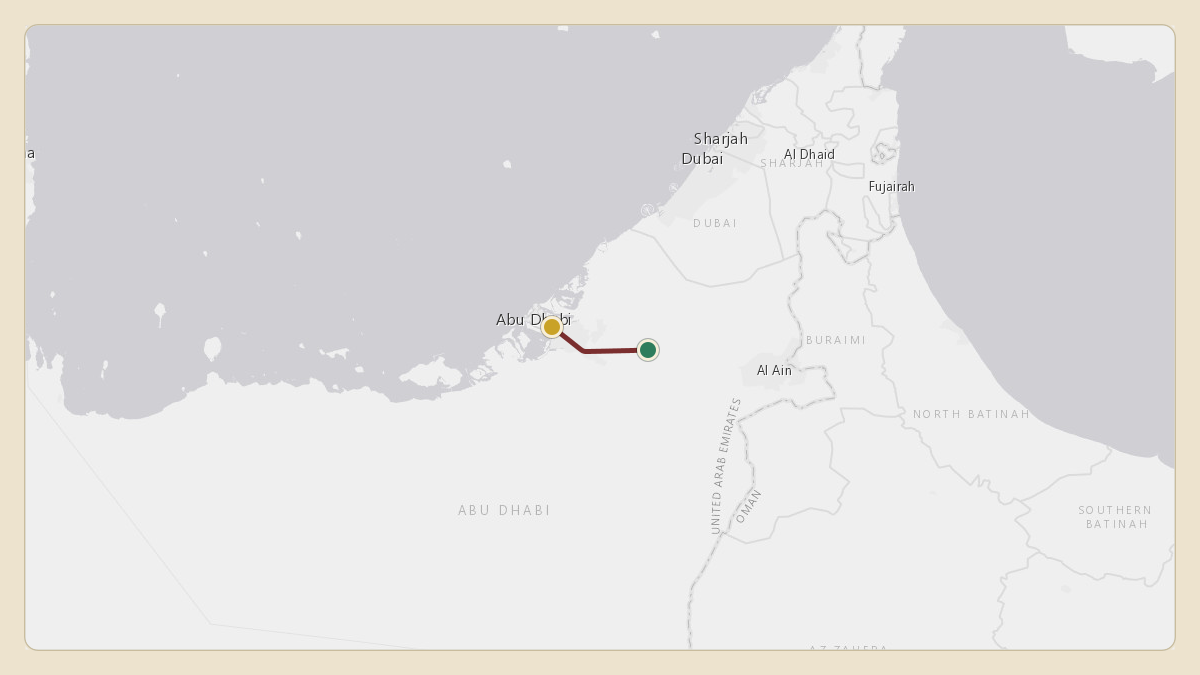 Flight path for M.A. Yusuff Ali's T7-YMA from OMAL — Al Ain International Airport to OMAD — Al Bateen Executive Airport