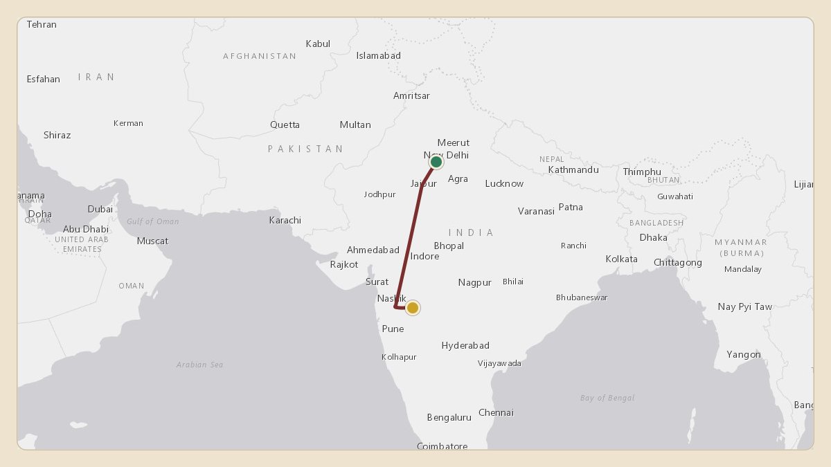 Flight path for Poonawalla Family's VT-CCA from VISP — Sarsawa Air Force Station to 19.29°, 74.00°