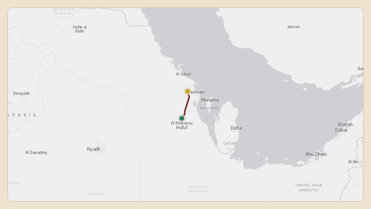 Flight path for Saudi Aramco's N801XA from OEUD — Udhailiyah Airport to OEDF — King Fahd International Airport