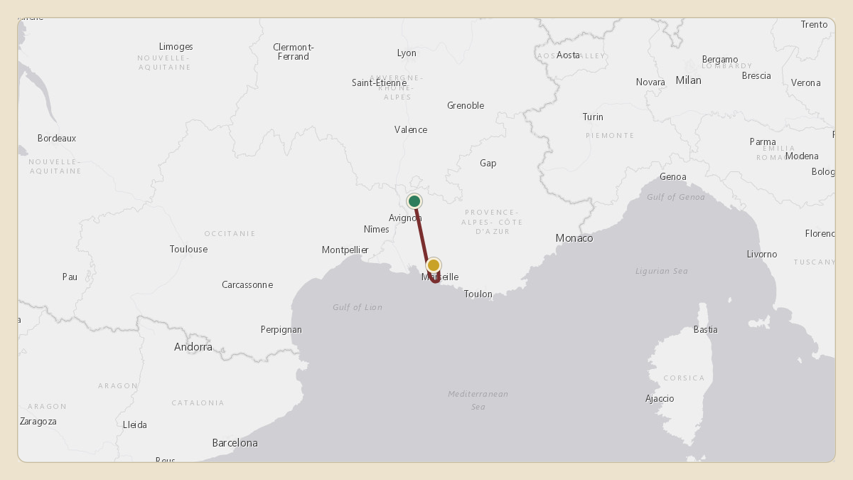 Flight path for Rodolphe Saade's OE-LYS from LFPR — Plan-de-Dieu-Orange Airfield to LFML — Marseille Provence Airport