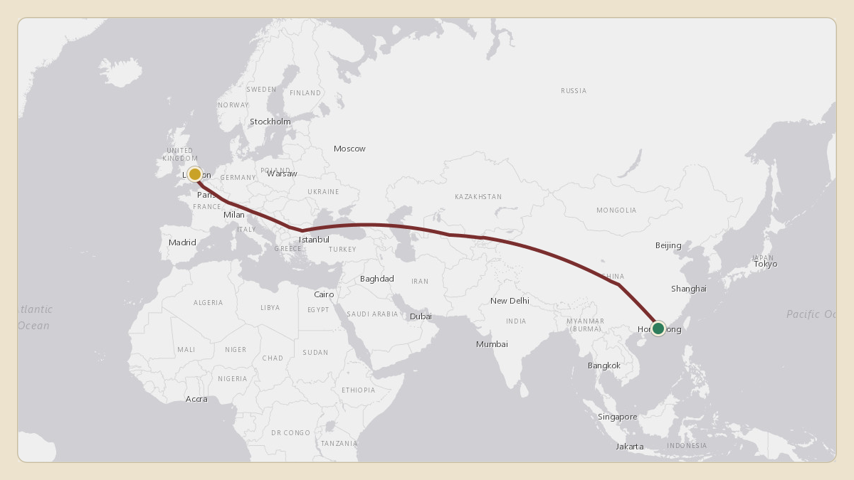 Flight path for Joseph Tsai's VP-COR from VHSK — Shek Kong Air Base to EGGW — London Luton Airport