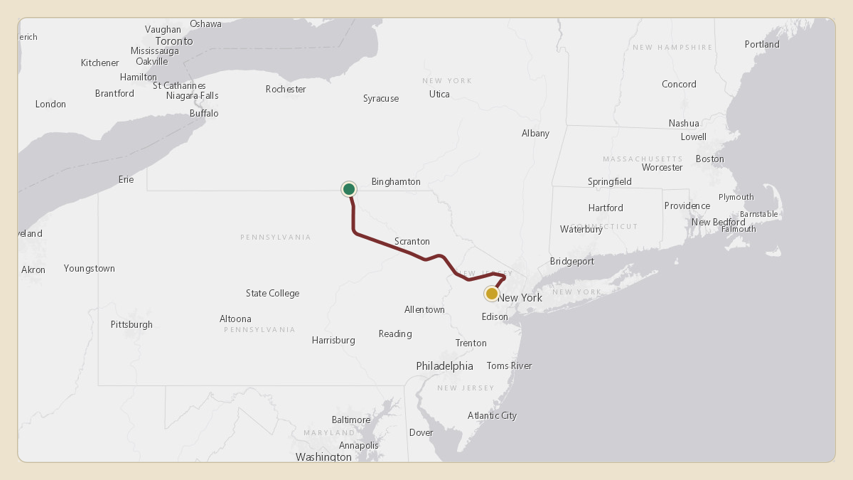 Flight path for Corning's N38CG from KELM — Elmira Corning Regional Airport to KEWR — Newark Liberty International Airport