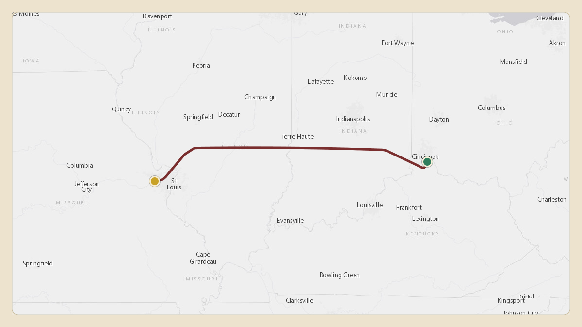 Flight path for Nestle's N8583A from KLUK — Cincinnati Municipal Airport Lunken Field to KSUS — Spirit of St Louis Airport