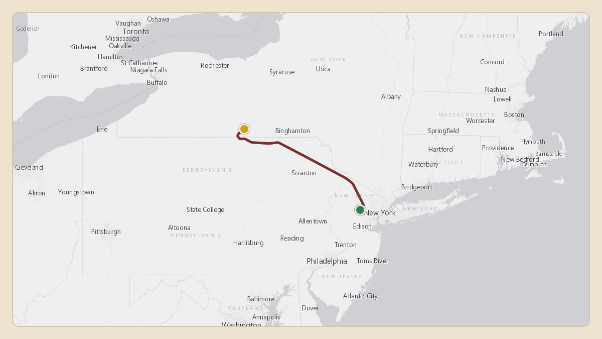 Flight path for Corning's N38CG from KEWR — Newark Liberty International Airport to KELM — Elmira Corning Regional Airport