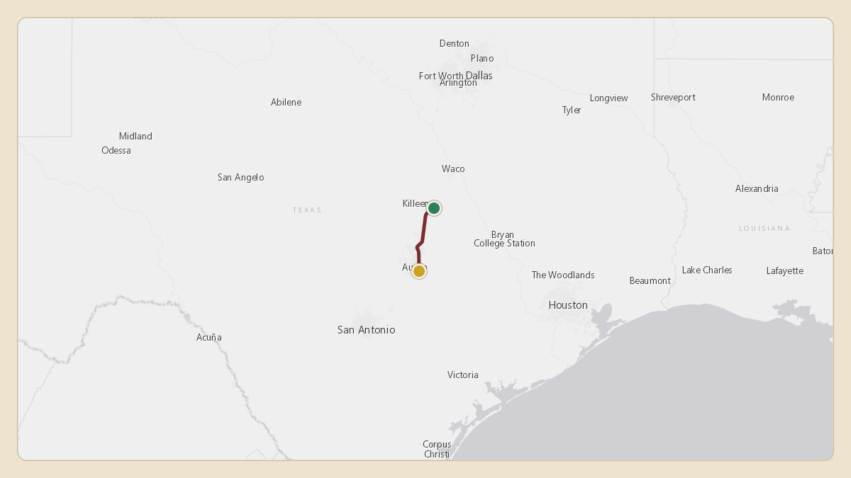 Flight path for Elon Musk's N450GG from KTPL — Draughon Miller Central Texas Regional Airport to KAUS — Austin Bergstrom International Airport