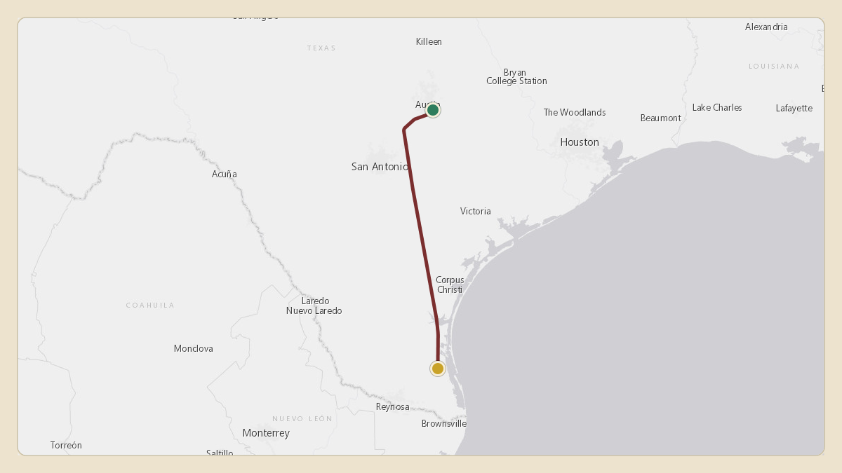 Flight path for Elon Musk's N450GG from KAUS — Austin Bergstrom International Airport to KHRL — Valley International Airport